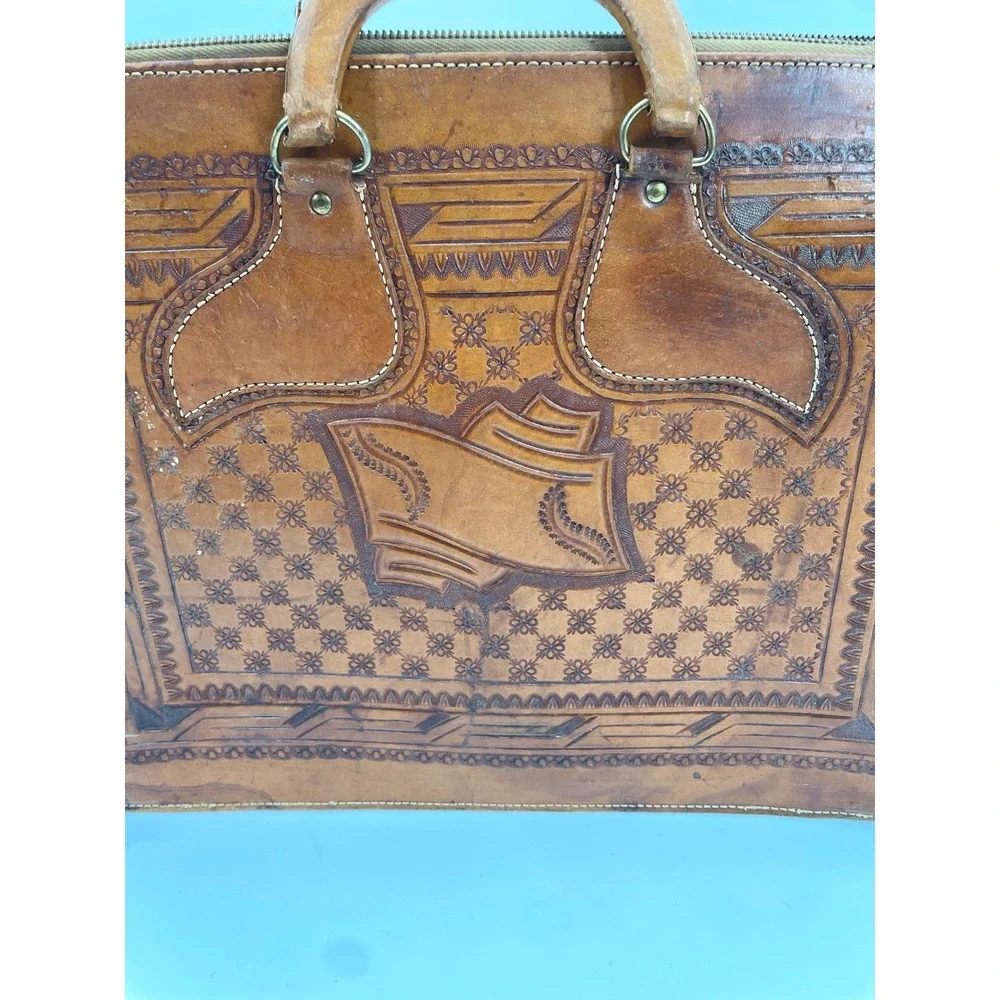 Vintage Mexican Hand Tooled Leather Briefcase - Aztec Sun Stone & Eagle - As-Is